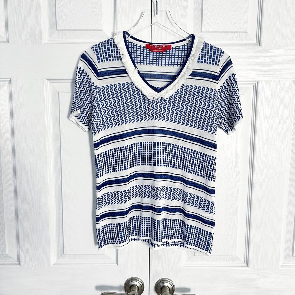 Marina Sport Nautical Fringe V-Neck Knit Sweater Blue White Metallic